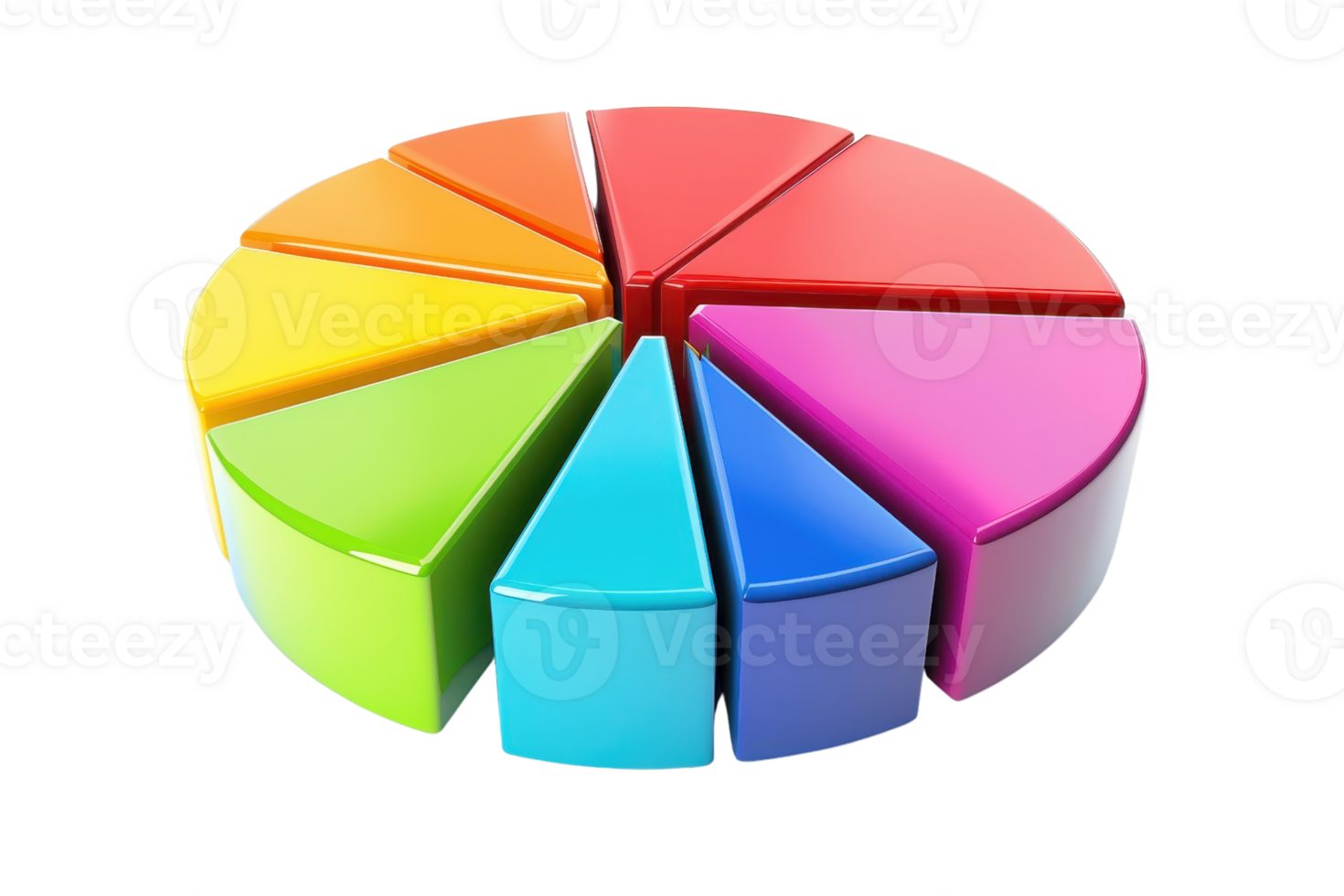Colorful 3D pie chart with segmented slices representing data distribution. Ideal for business, finance, and analytics presentations. png