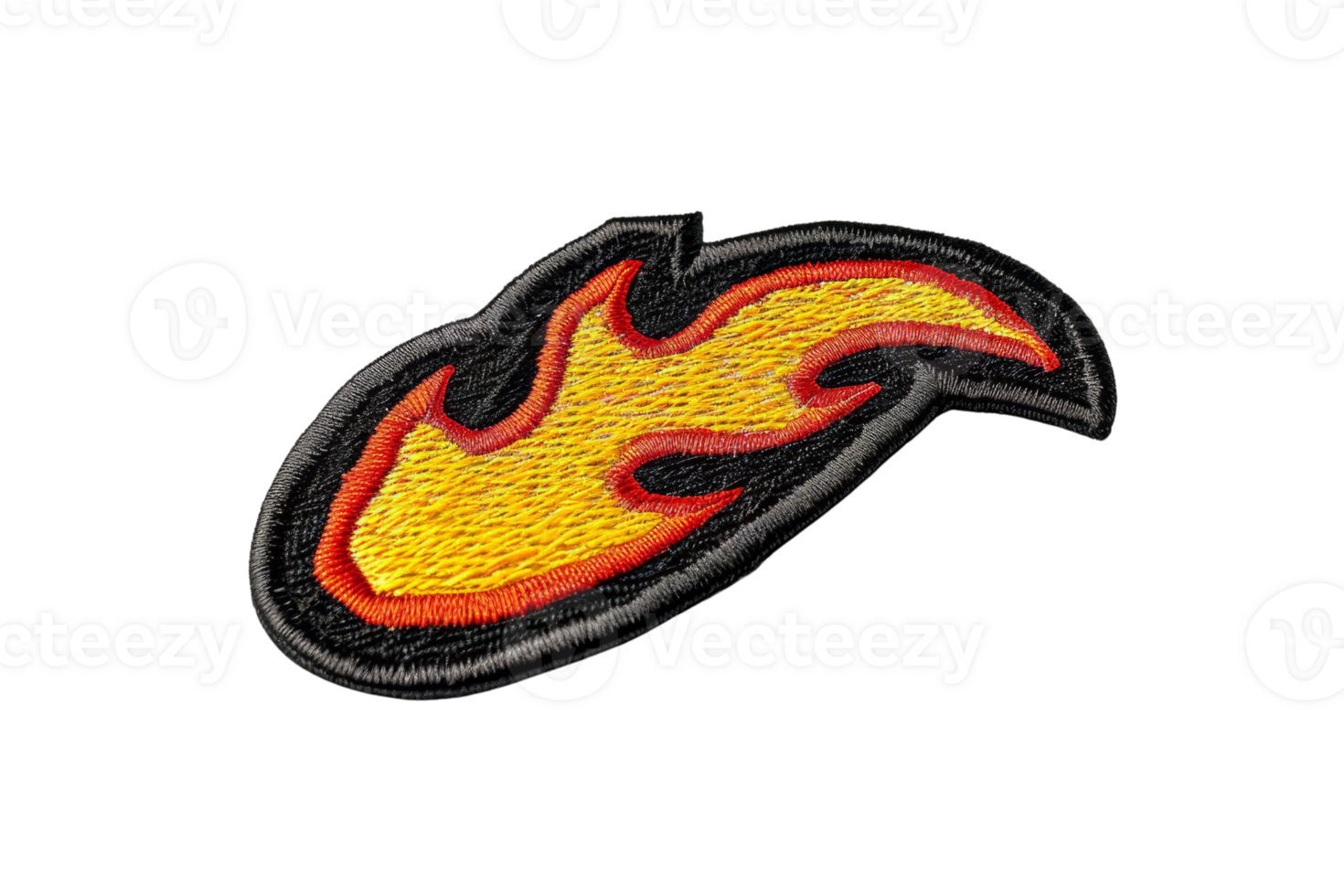 Colorful flame embroidered patch with red, yellow, and black threads. Ideal for customizing jackets, bags, and other fabrics. Isolated on transparent background. png