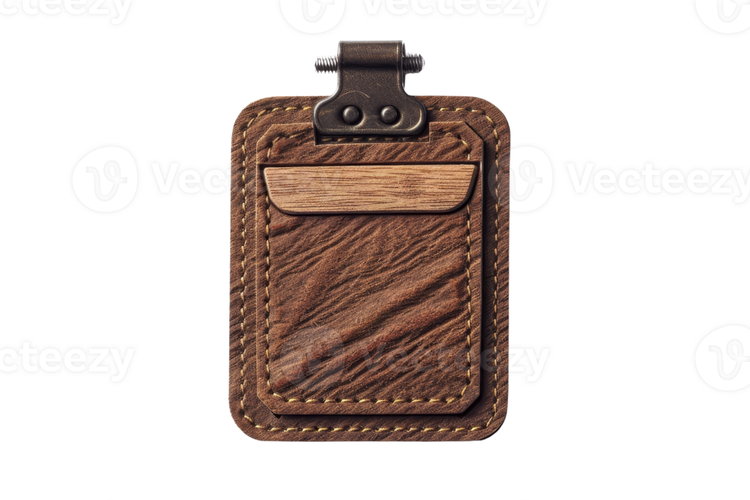 Elegant brown leather badge holder with a stitched pocket and a metal clip on a transparent background. ideal for ID display and secure card holding. png