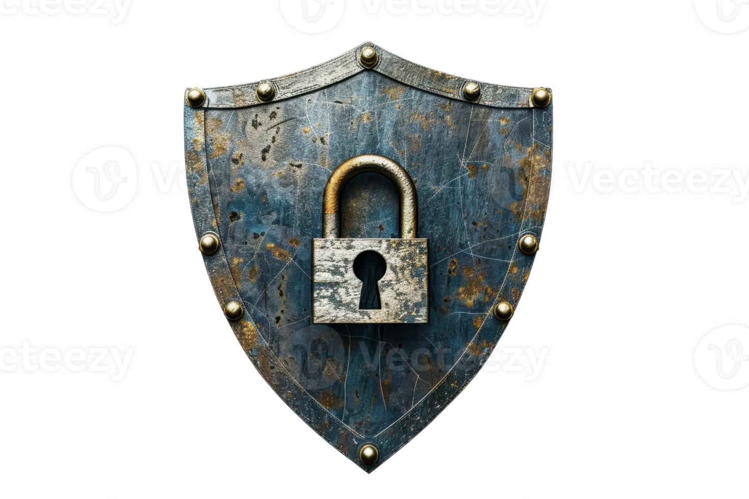 Rustic shield with a padlock symbolizing security and protection. Perfect for cybersecurity, defense, and privacy concepts. png