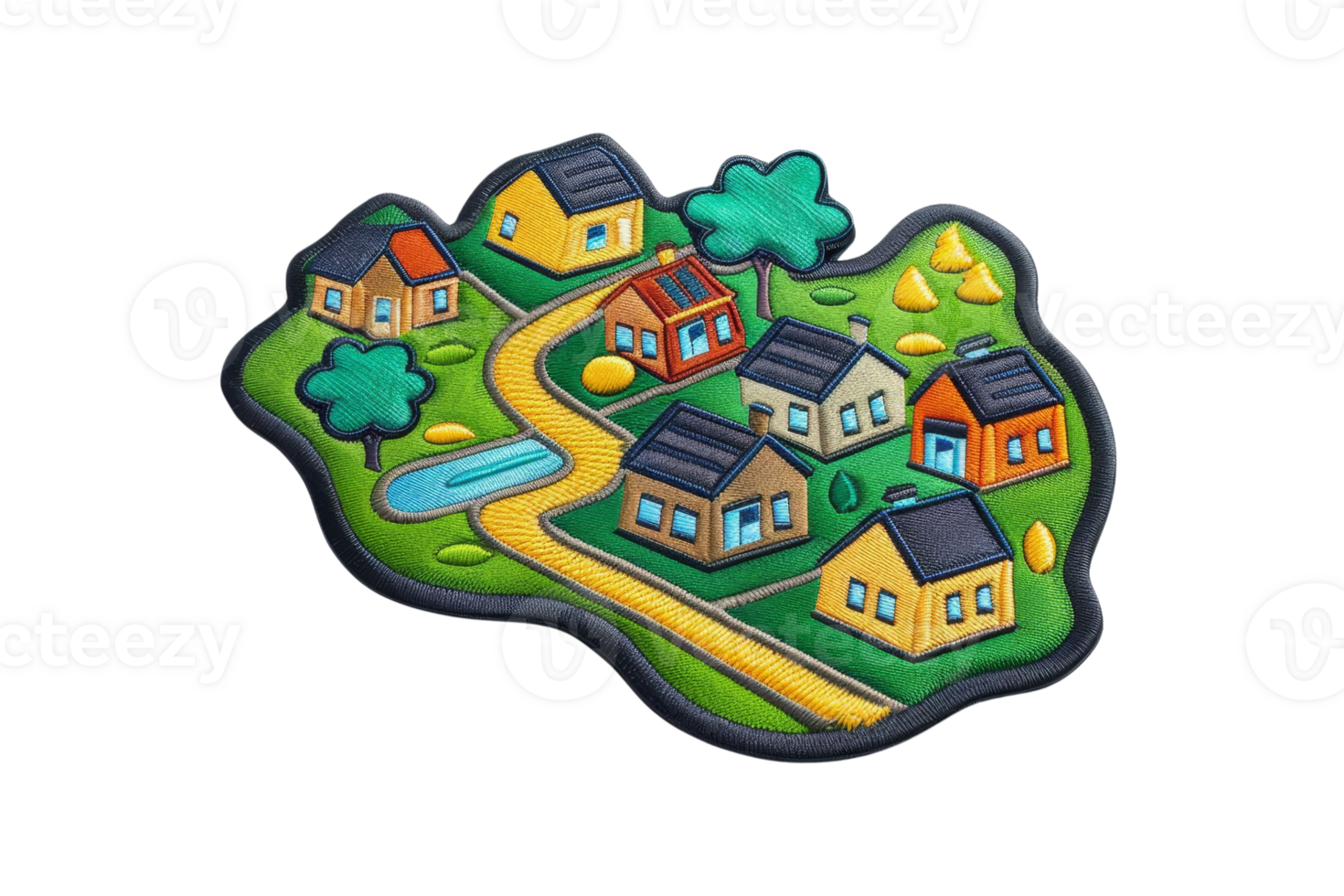 Illustration of a small, colorful village with houses, trees, a road and a pond, representing community and scenic living. png