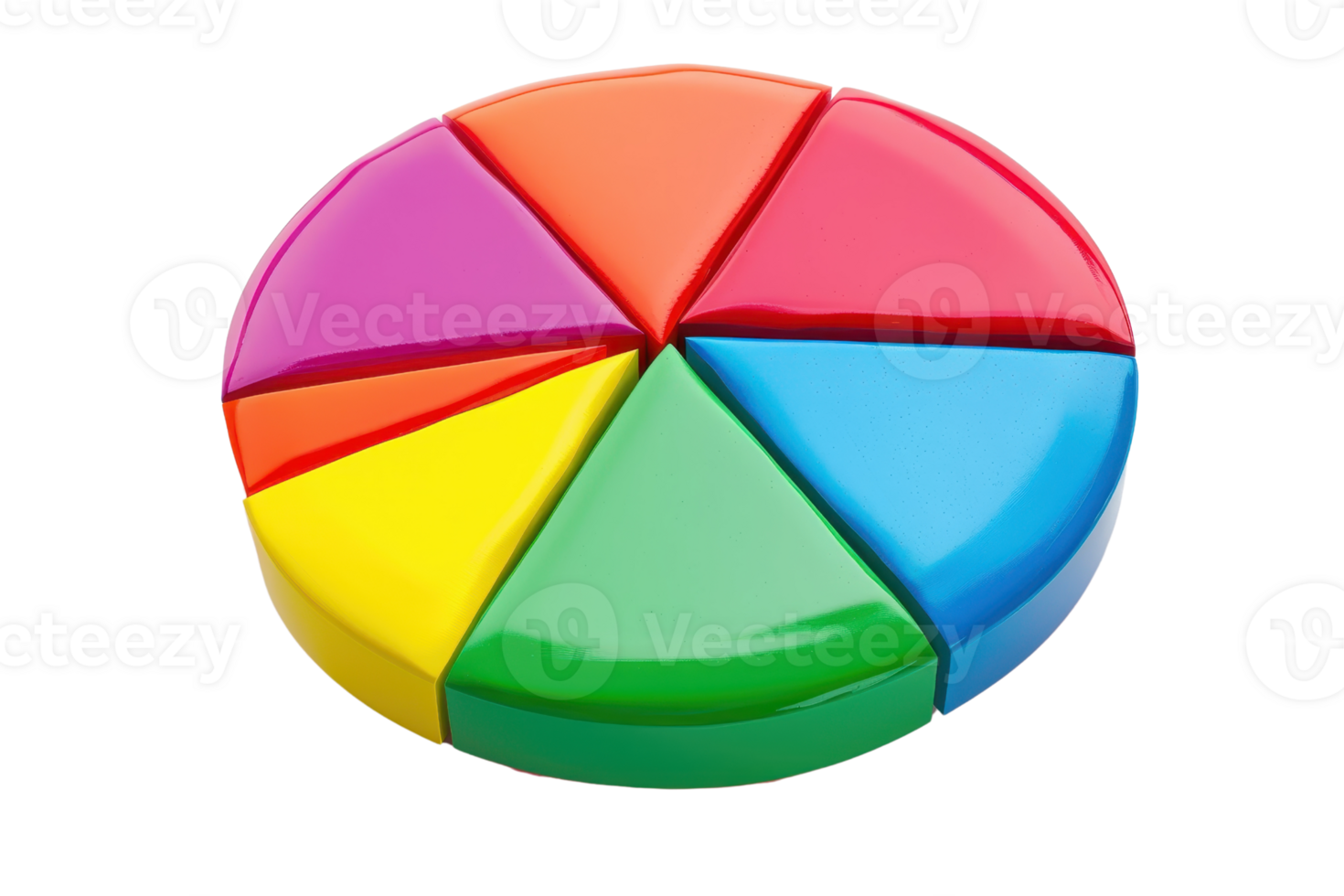 Colorful 3D pie chart with six segments in vibrant colors. Ideal for business presentations, infographics, and data visualization. png