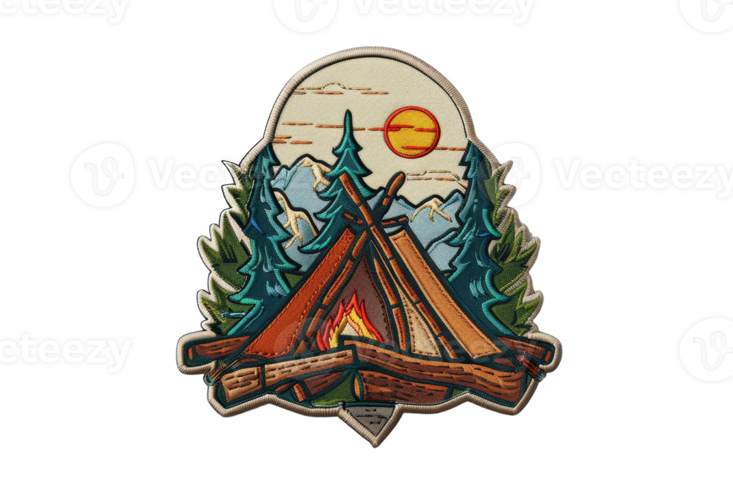Colorful illustration of a camping scene with tents, campfire, and trees, perfect for outdoor or adventure-themed designs. png