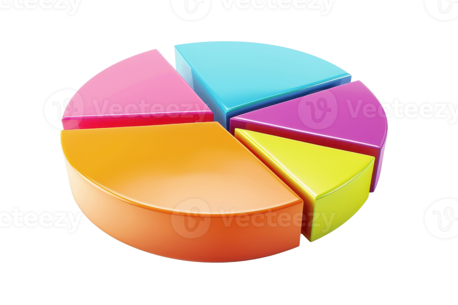 Colorful 3D pie chart illustration showcasing data distribution in vibrant sections, ideal for business and statistical presentations. png