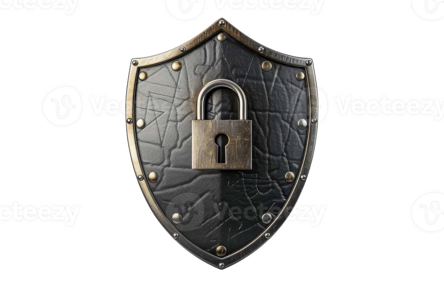 Close-up of a metal shield with a padlock, symbolizing security and protection. Ideal for cybersecurity themes and safety concepts. png