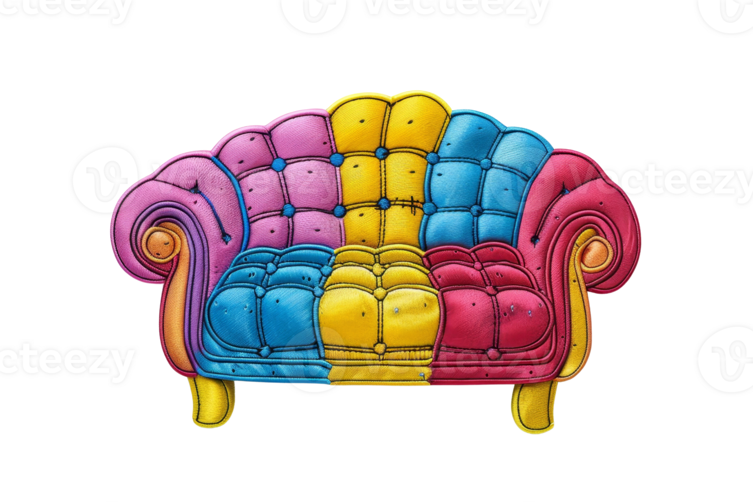 Vibrant multicolored sofa with tufted cushions in blue, yellow, pink, and red, perfect for adding a fun touch to any living space. png