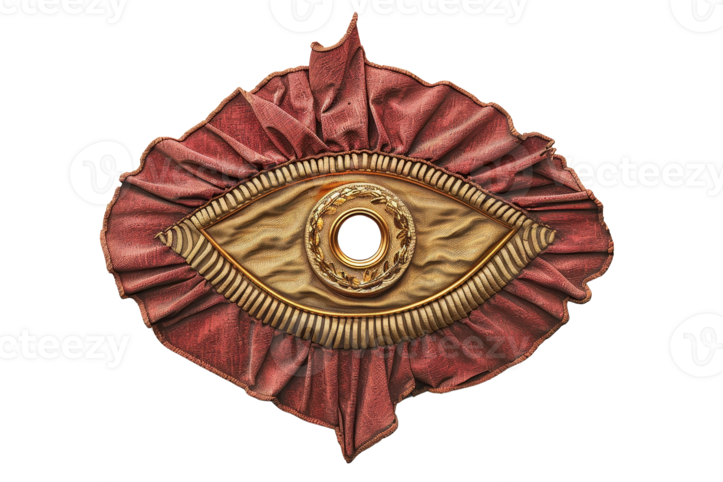 Ornate golden eye sculpture with intricate details surrounded by red fabric. Perfect for fantasy, art, and decor-themed projects. png