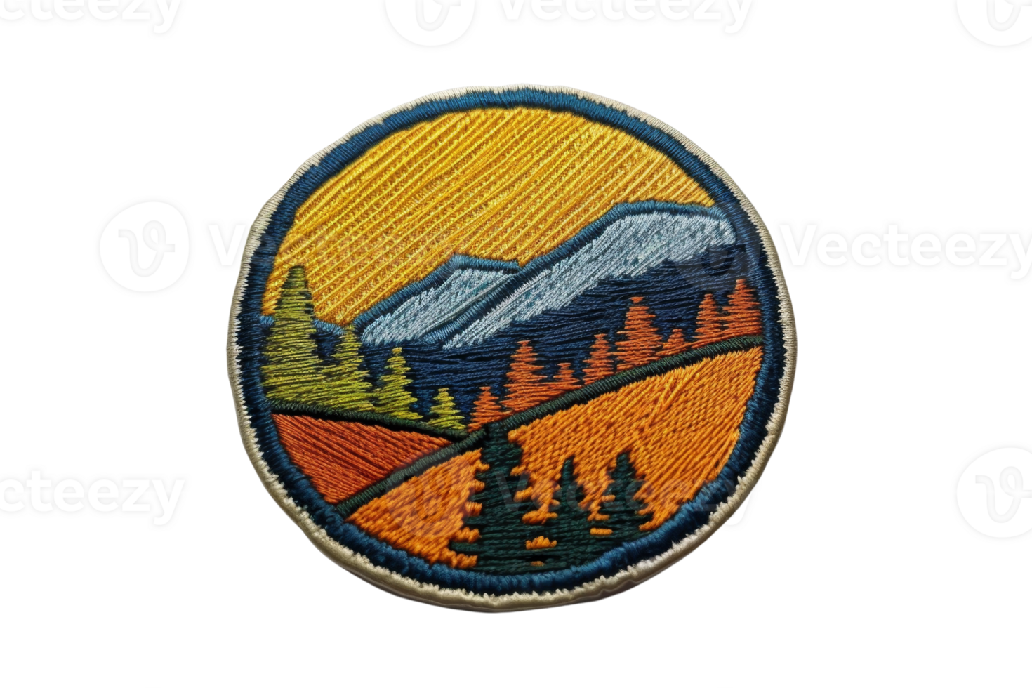 Colorful embroidered patch featuring a scenic mountain and forest landscape design, perfect for outdoor and nature enthusiasts. png