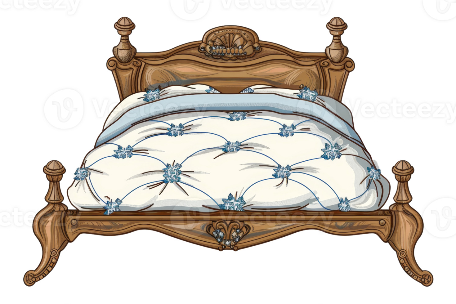 Illustration of a Victorian-style wooden bed with ornate designs and a tufted blanket. Perfect for vintage bedroom decor themes. png