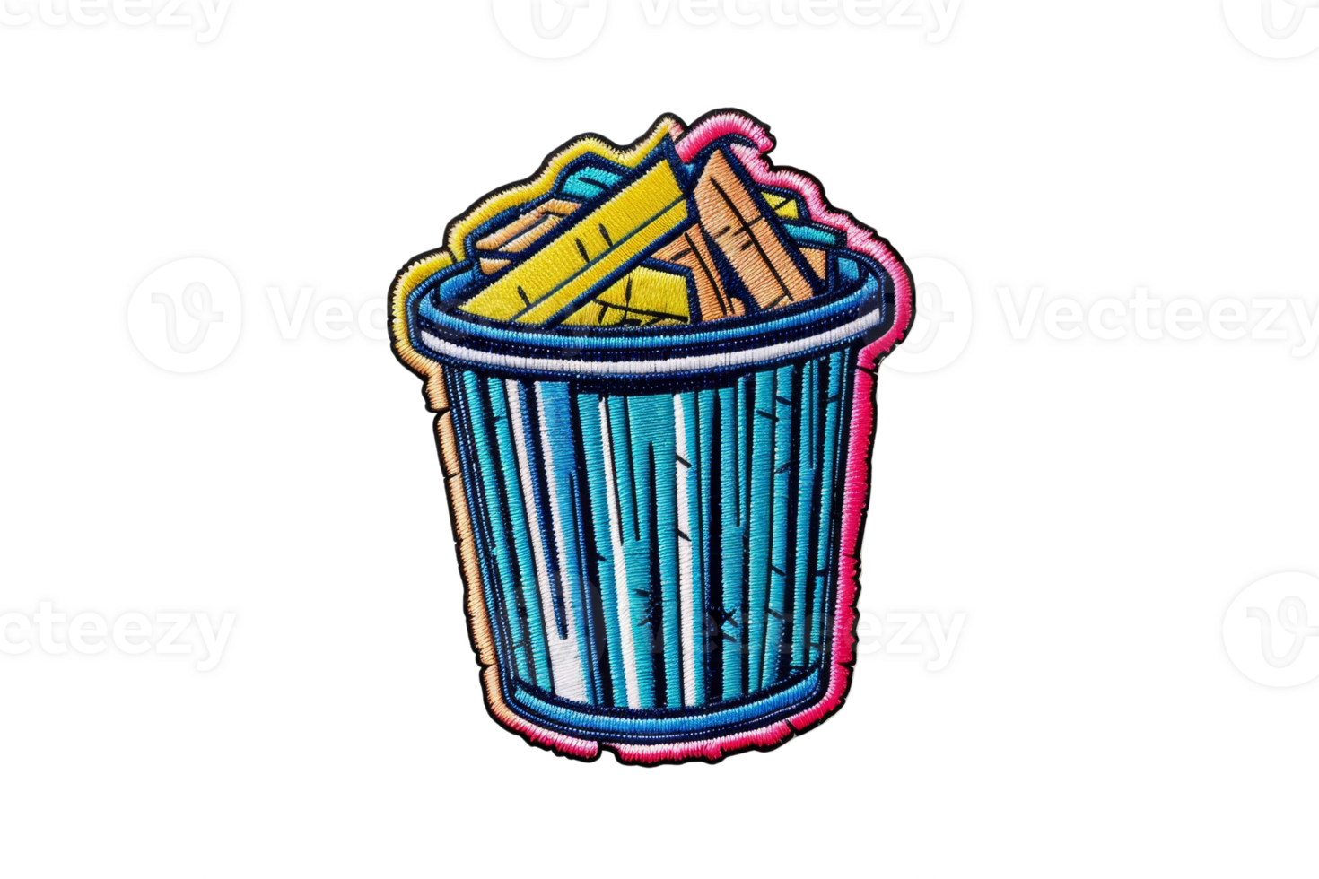 Colorful cartoon illustration of a trash bin filled with various pieces of trash, ideal for waste management concepts and recycling themes. png