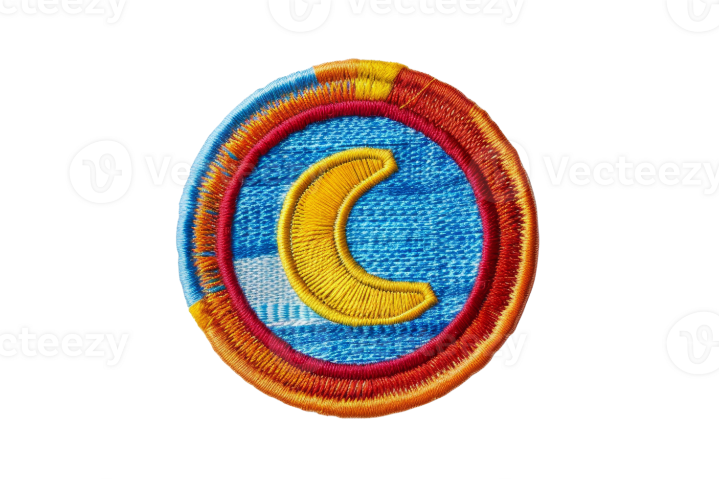 Colorful embroidered patch with a yellow crescent moon on a blue background, surrounded by vibrant red and orange borders. Ideal for crafts and decoration. png