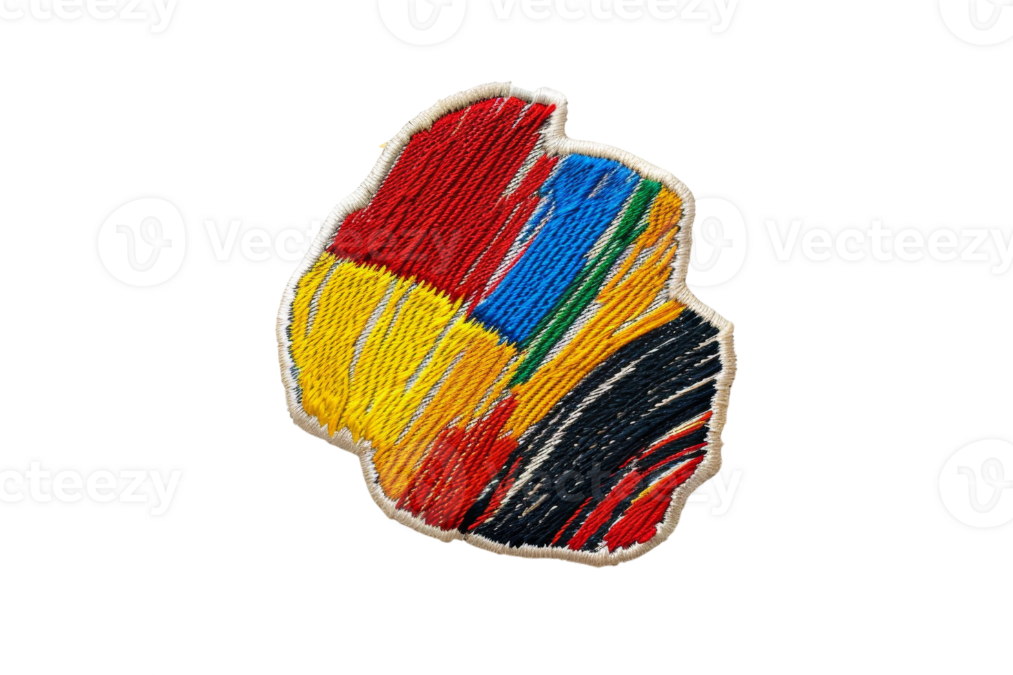 Handcrafted colorful abstract embroidery patch with vibrant red, yellow, blue, and black threads on transparent background. png