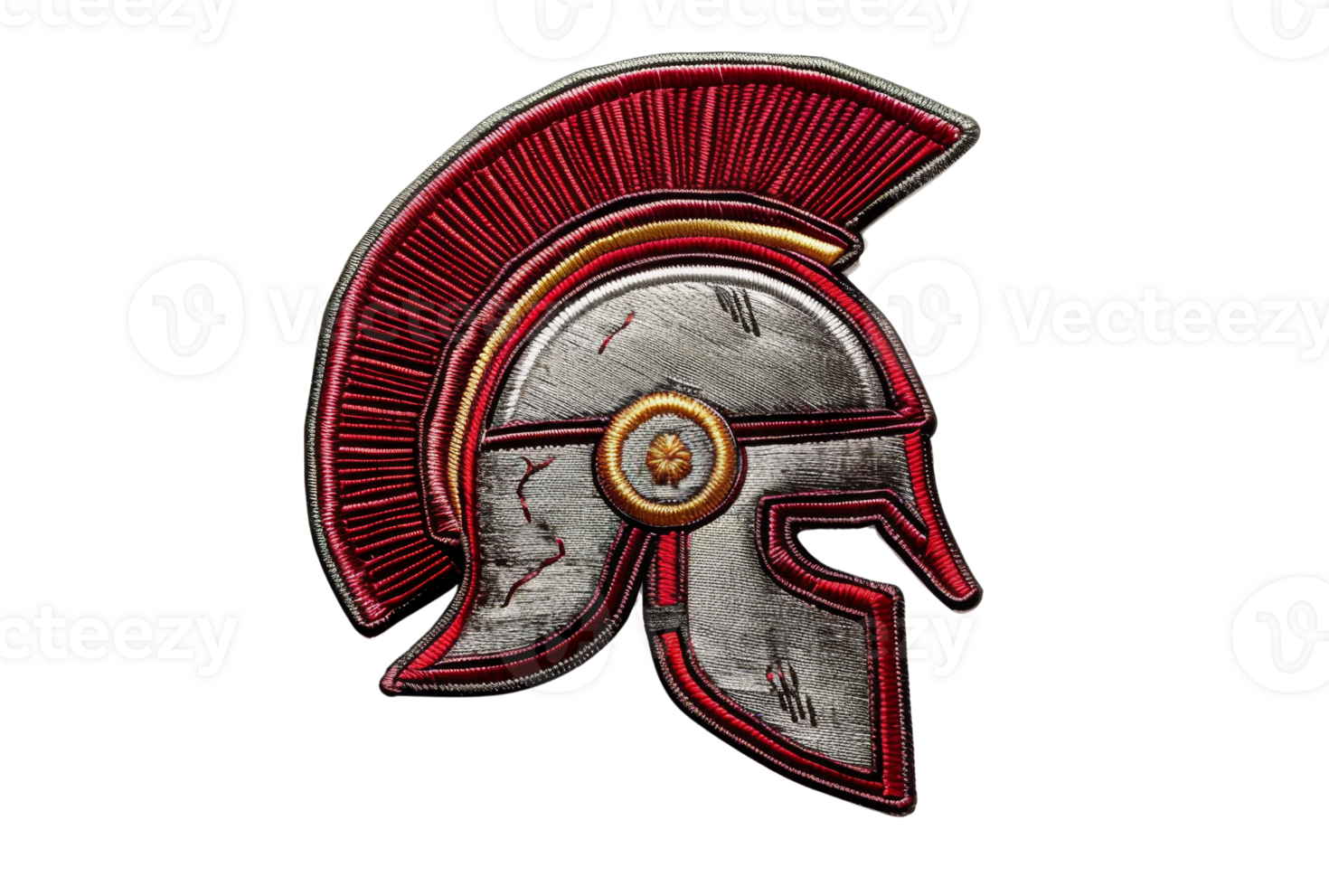 Ancient Roman helmet illustration with red plume, symbolizing warrior and historical combat gear, isolated on a transparent background. png