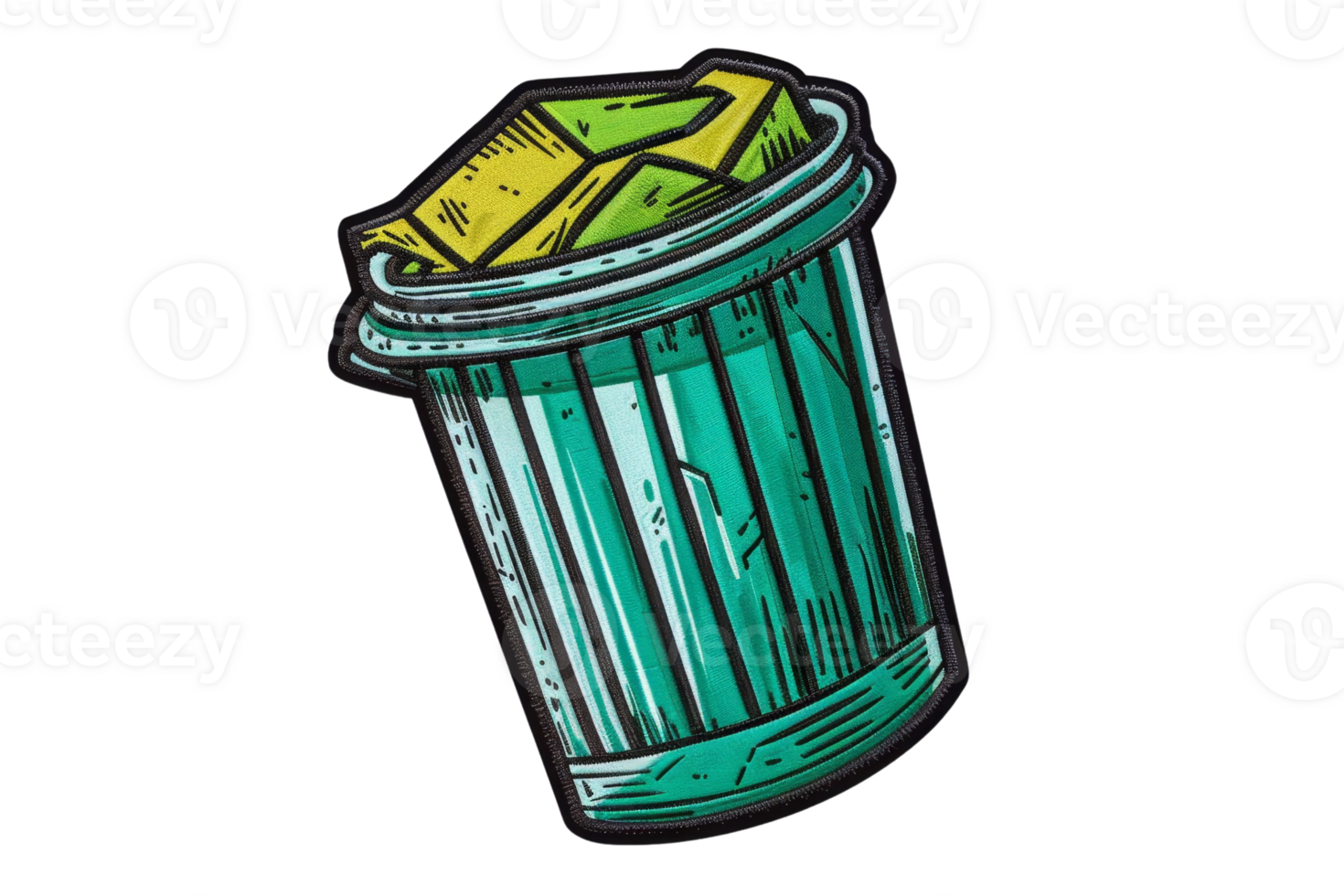 Illustration of a green trash can with yellow waste on top, showcasing waste management and recycling concepts. png