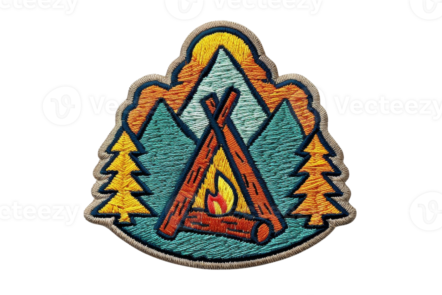 Vintage camping badge with a campfire, mountains, and trees, perfect for outdoor adventure enthusiasts and nature lovers. png