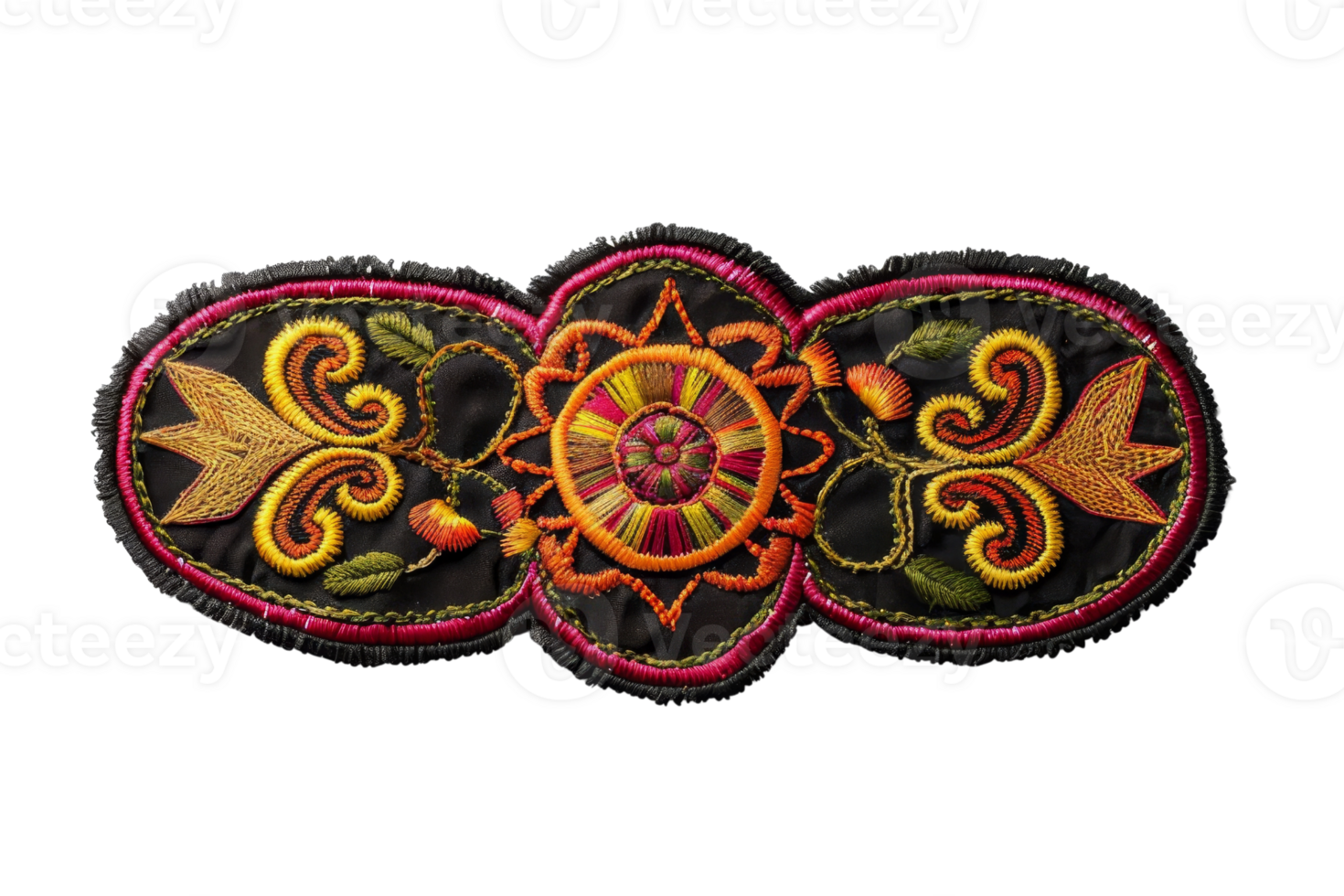 Intricate fabric embroidery featuring colorful floral and geometric patterns, perfect for textile design, crafting, and decoration projects. png