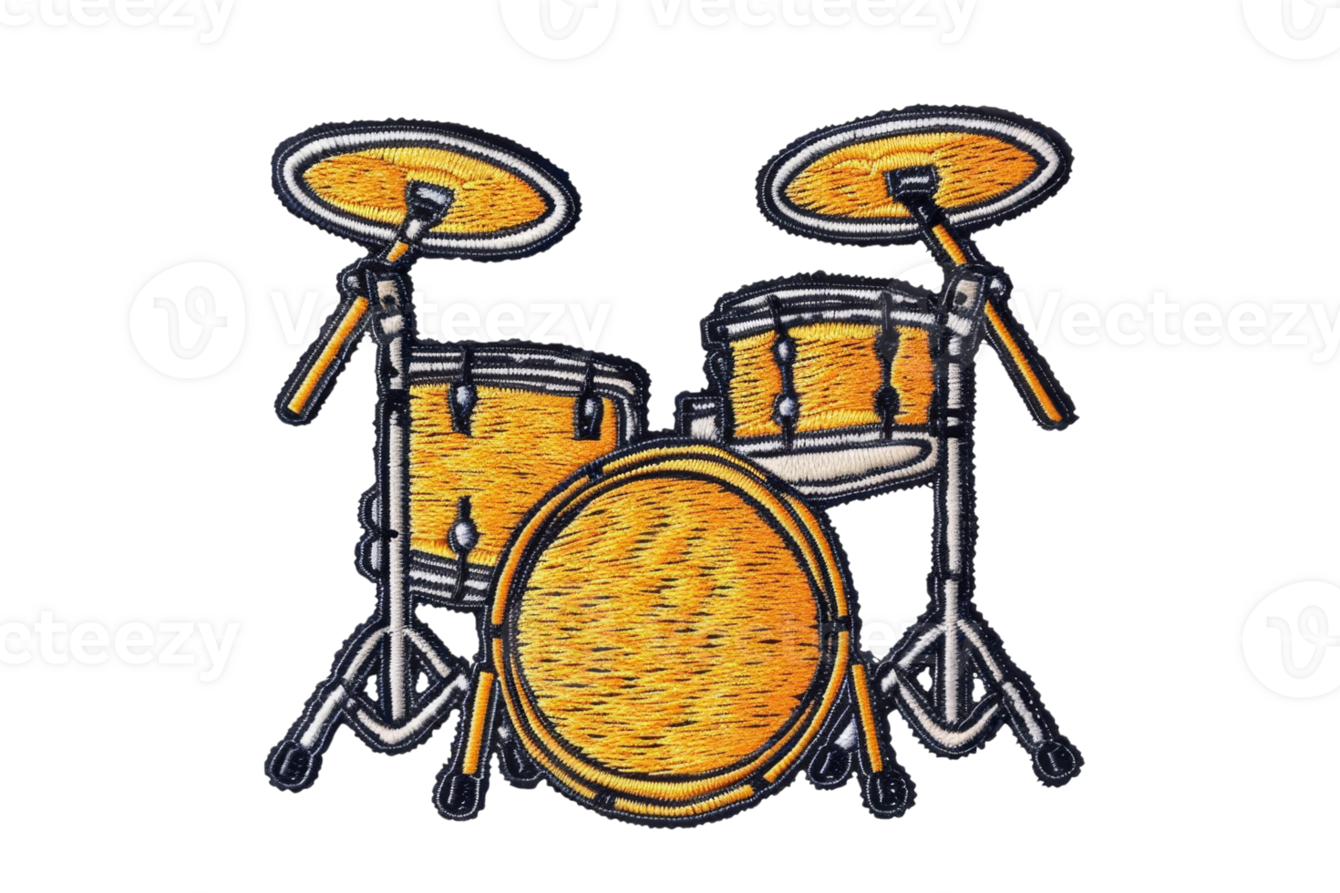 Illustration of a vibrant yellow drum set with cymbals, snare, and bass drum. Perfect for music-related designs and creative projects. png