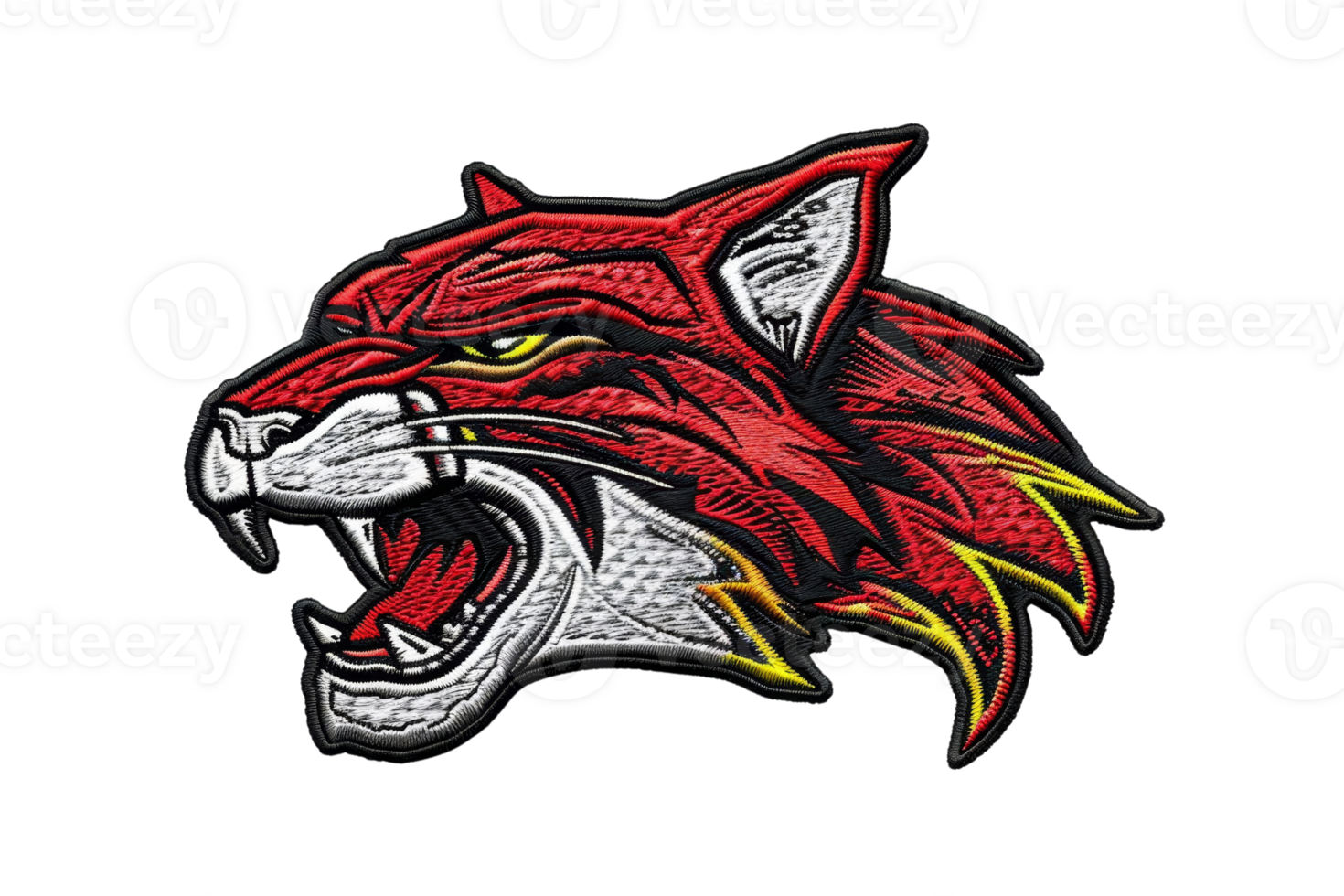 Colorful and detailed embroidered patch of a fierce red wildcat with an angry expression, ready to pounce. Perfect for customization and embellishment. png