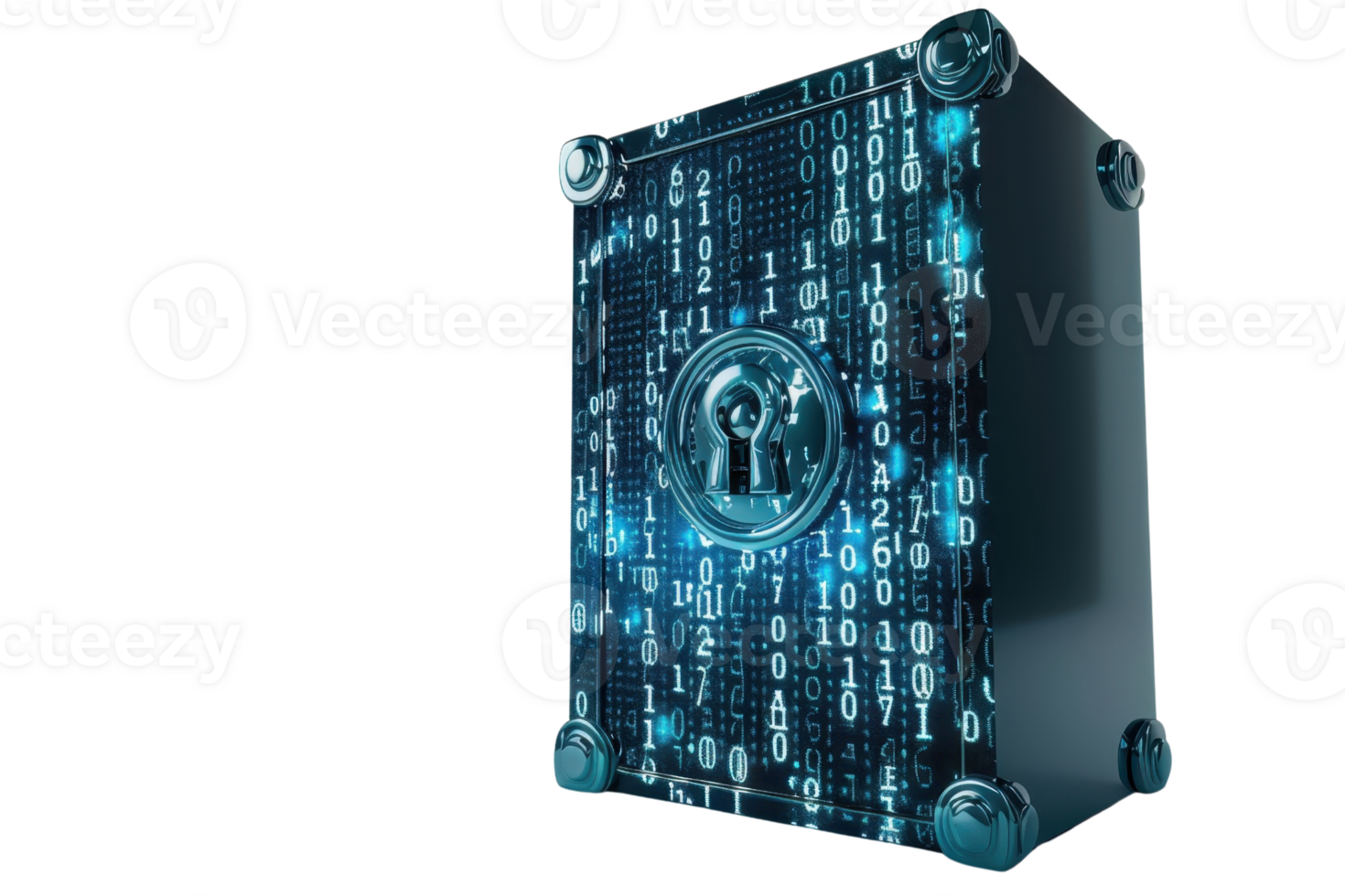 Digital security concept image of a safe with binary code representing data protection, encryption, and information security. png
