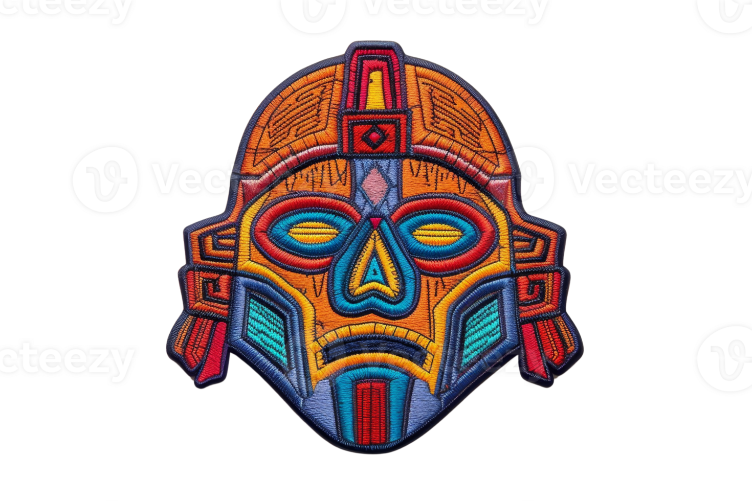 Intricate, colorful tribal mask art featuring vibrant geometric patterns, ideal for cultural and artistic visual representations. png