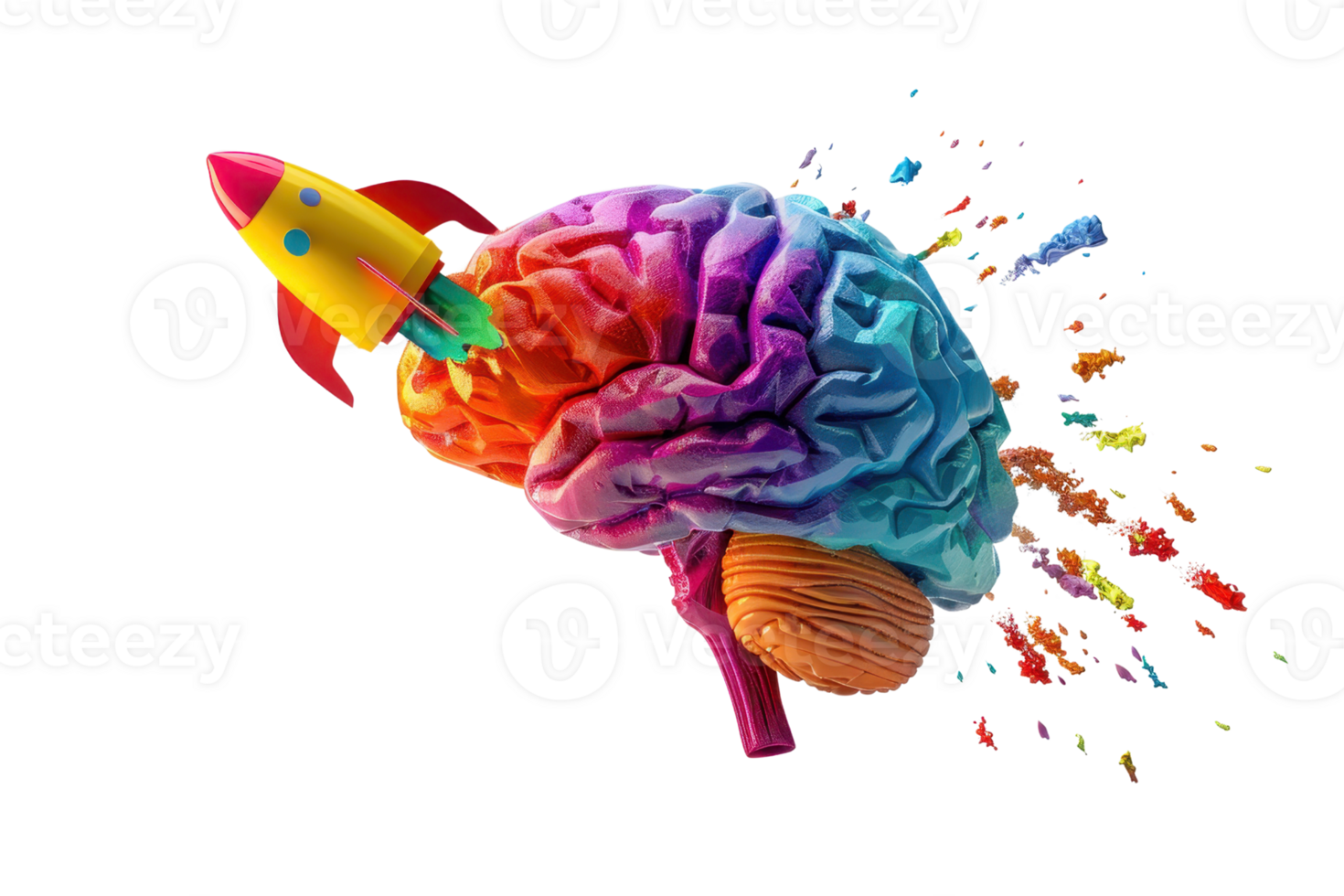 Colorful brain and rocket illustration symbolizing creativity, innovation, and ideas bursting with vivid colors. png