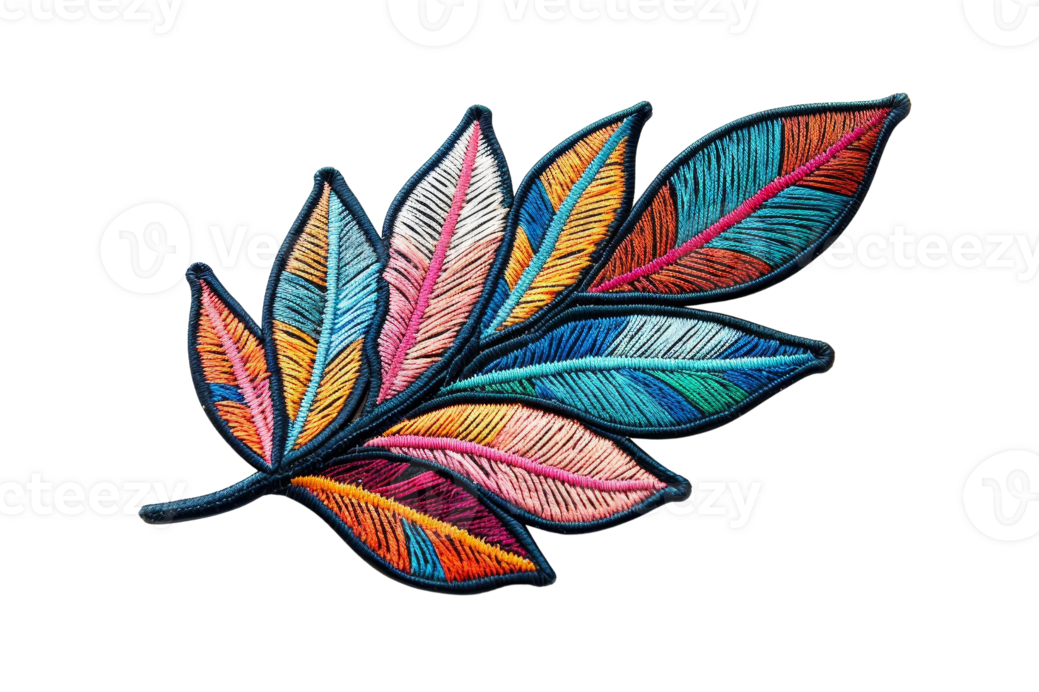 Vibrant multicolored feather artwork with intricate embroidered details on a black background. png