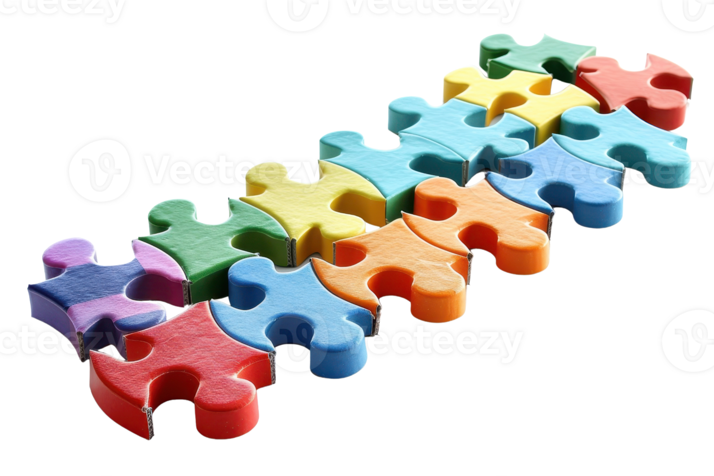 Colorful interlocking puzzle pieces arranged in rows, symbolizing teamwork, problem-solving, and creativity in a vibrant, playful manner. png