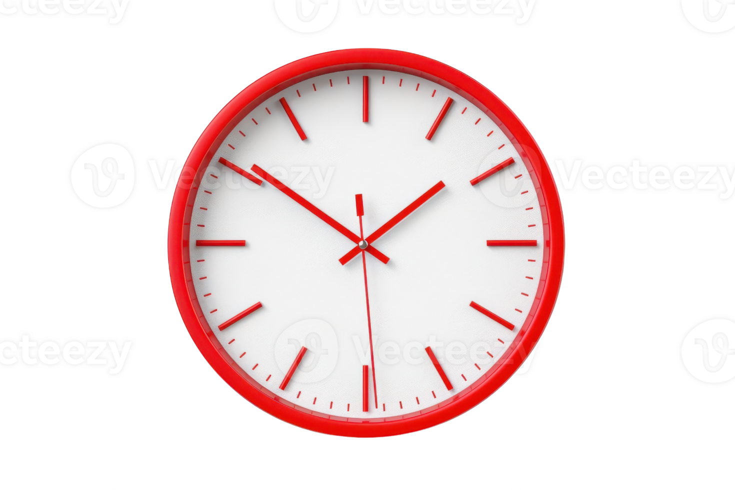 Modern red and white wall clock with minimalist design isolated on transparent background. Simple and stylish timepiece for home or office decor. png