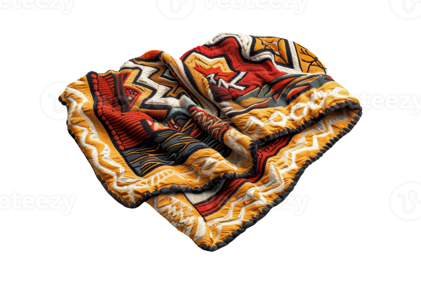 Folded multicolor tribal pattern blanket with vibrant red, yellow, and white tones conveying warmth and cultural significance. png