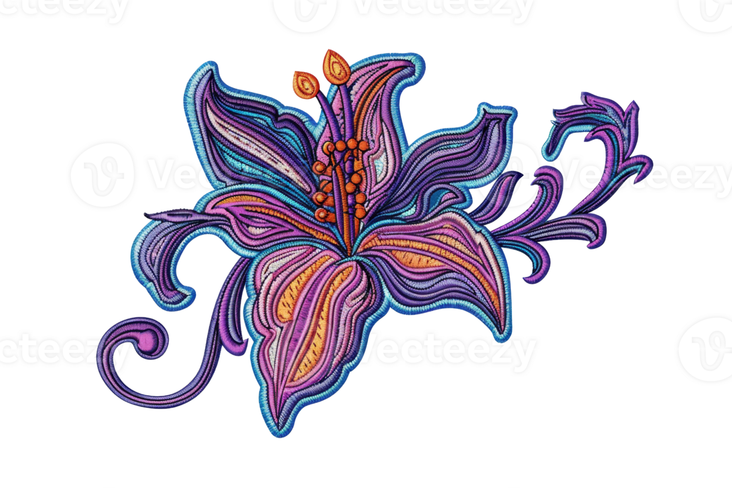 Vibrant, intricate floral design of a purple flower with orange accents, featuring detailed petal patterns and artistic swirls. png