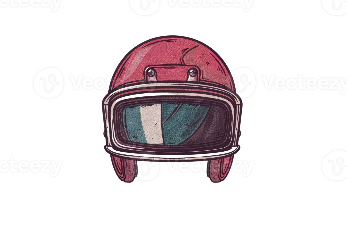Vintage red motorcycle helmet with white racing stripes, front view illustration. Perfect for retro-themed designs or motorcycle enthusiasts. png