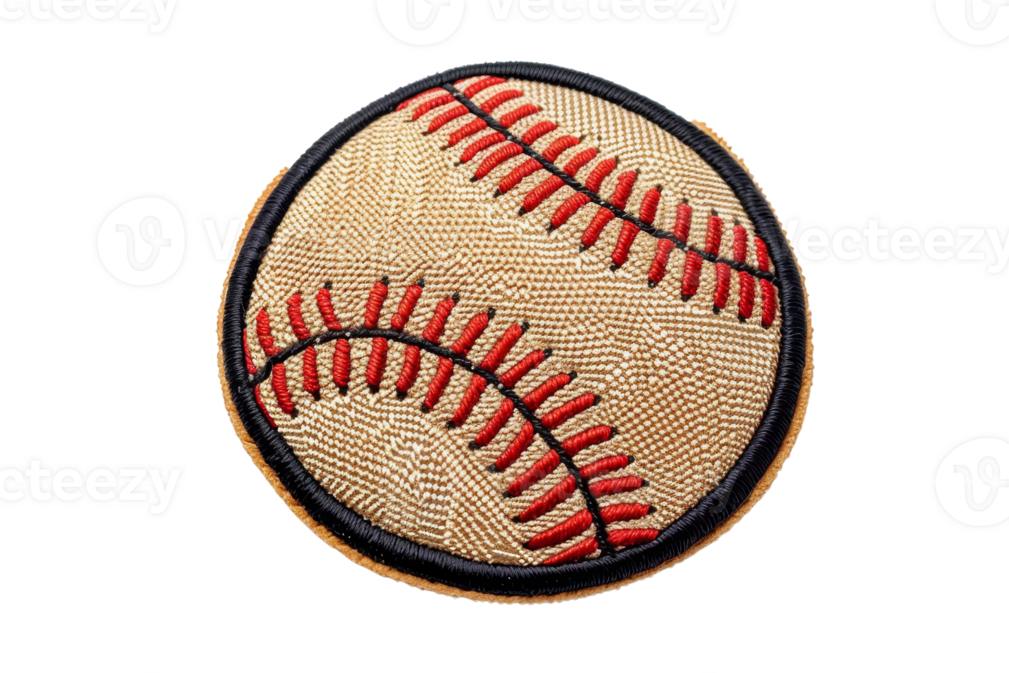 Close-up image of a baseball patch with red stitching on a tan background, isolated on white, perfect for sports-themed designs. png