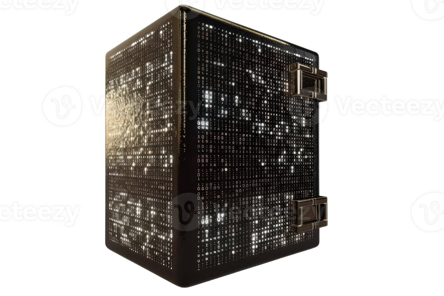 Digital data vault with glowing matrix pattern, presenting secure storage concept for digital assets and cybersecurity. png