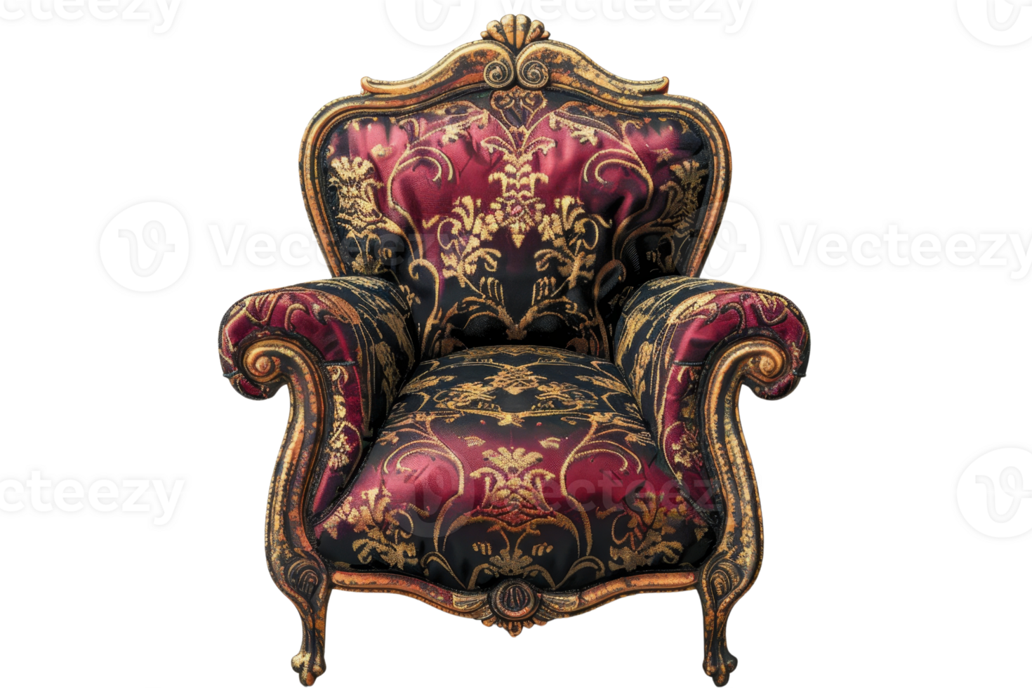 Vintage ornate armchair with intricate floral patterns and luxurious fabric, perfect for adding a touch of elegance and sophistication to any space. png