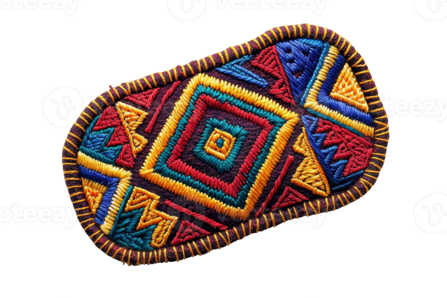 Colorful, hand-embroidered geometric pattern on a fabric patch, showcasing vibrant traditional craft and intricate design details. png