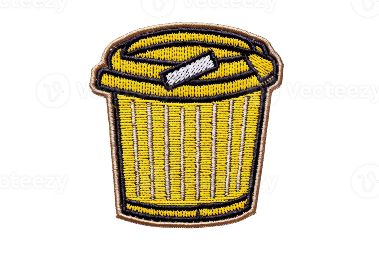 Vibrant embroidered patch of a yellow trash can. Ideal for clothing, backpacks, or craft projects. Adds a touch of fun and color. png
