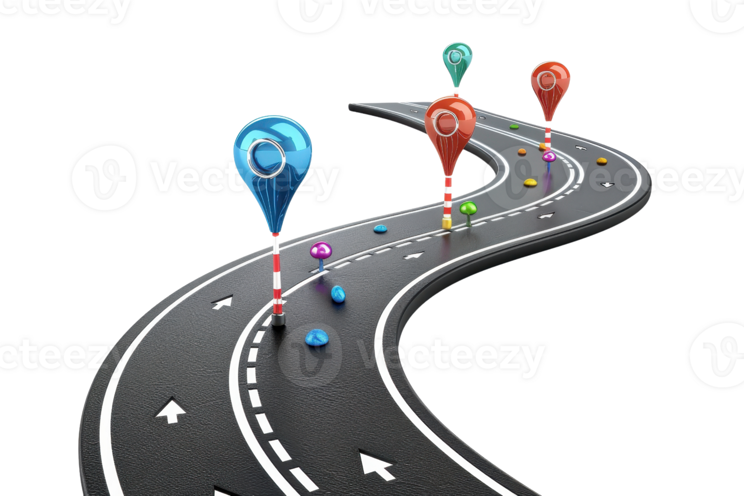 Curved road with colorful location pins marking map points, representing navigation, journey, and direction. png