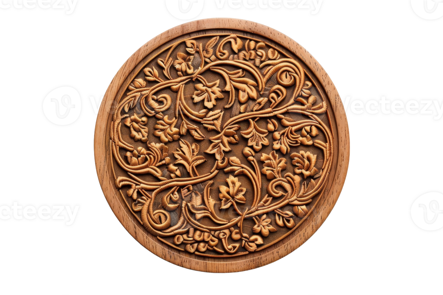Intricate wooden carving featuring detailed floral patterns in a circular design, showcasing fine craftsmanship and artistic skill. png
