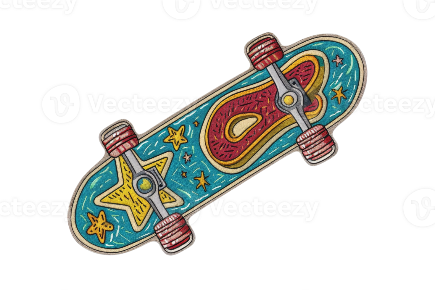 Colorful and vibrant skateboard illustration with playful star and swirl designs, perfect for skateboarding and extreme sports enthusiasts. png