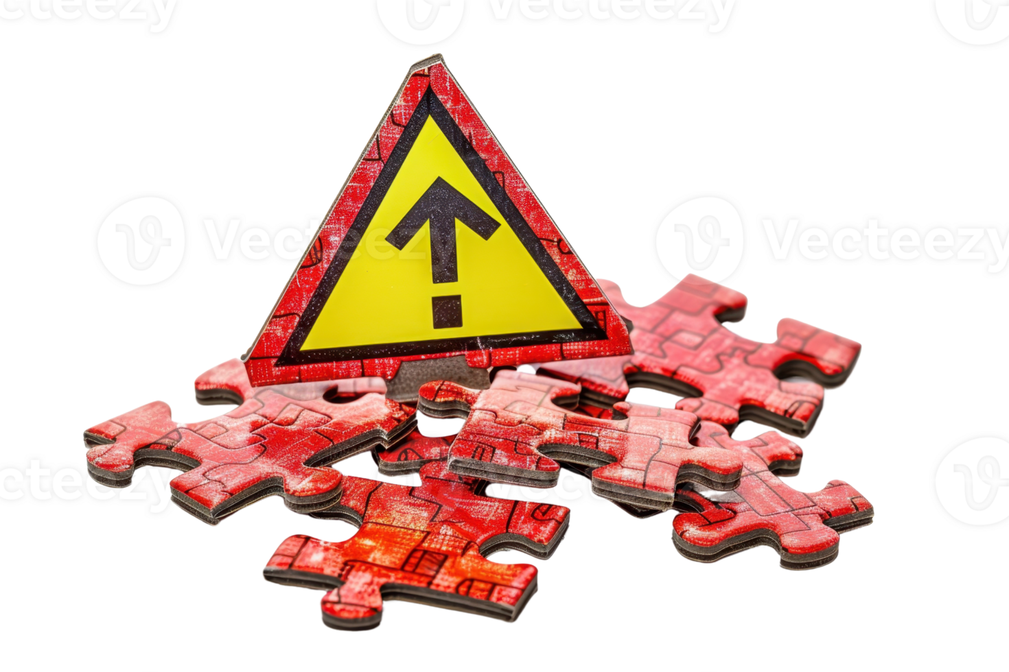 Warning sign atop scattered puzzle pieces, highlighting caution in problem-solving and risk management. Conceptual stock photo. png