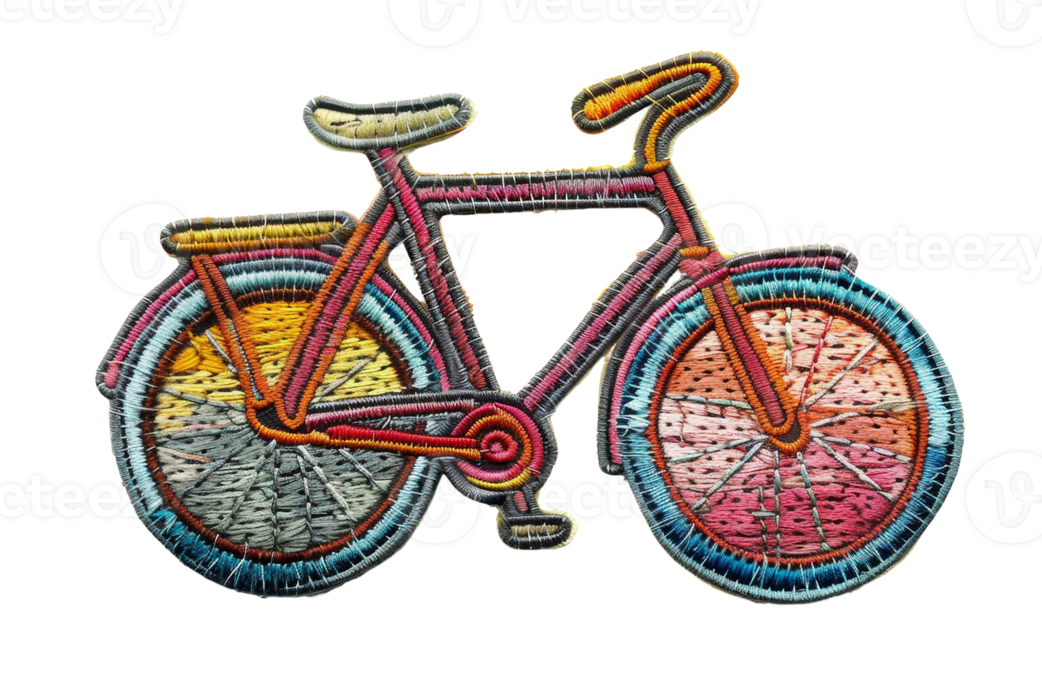 Colorful, intricately designed embroidery of a bicycle showcasing artistic detail and vibrant patterns, perfect for creative projects. png