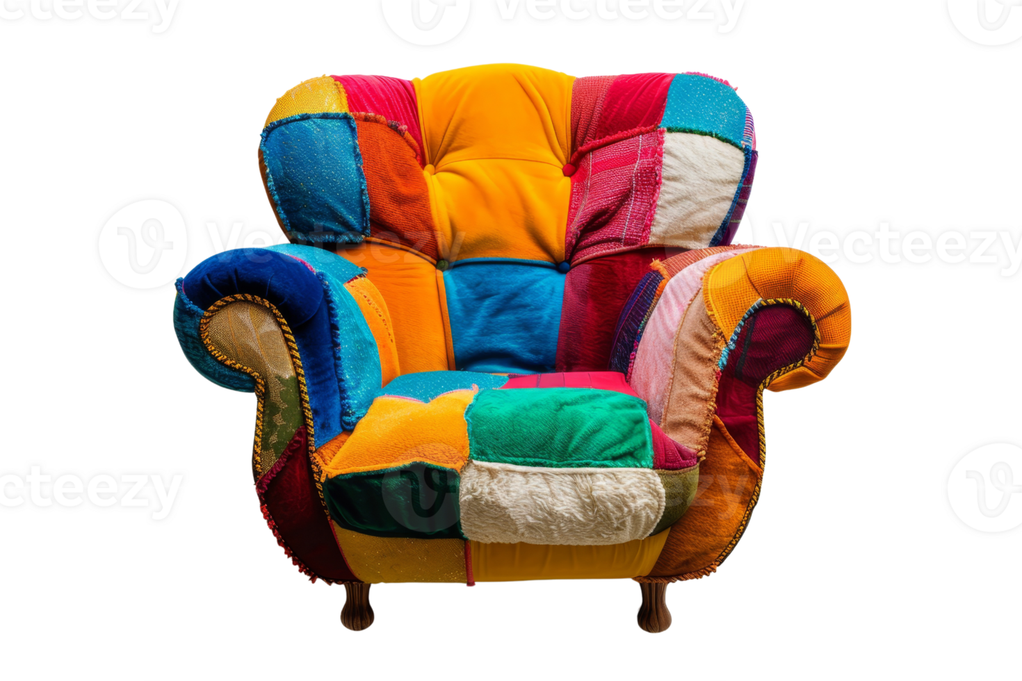 Vibrant patchwork armchair with a colorful, eclectic design, perfect for adding a pop of color and unique style to any space. png