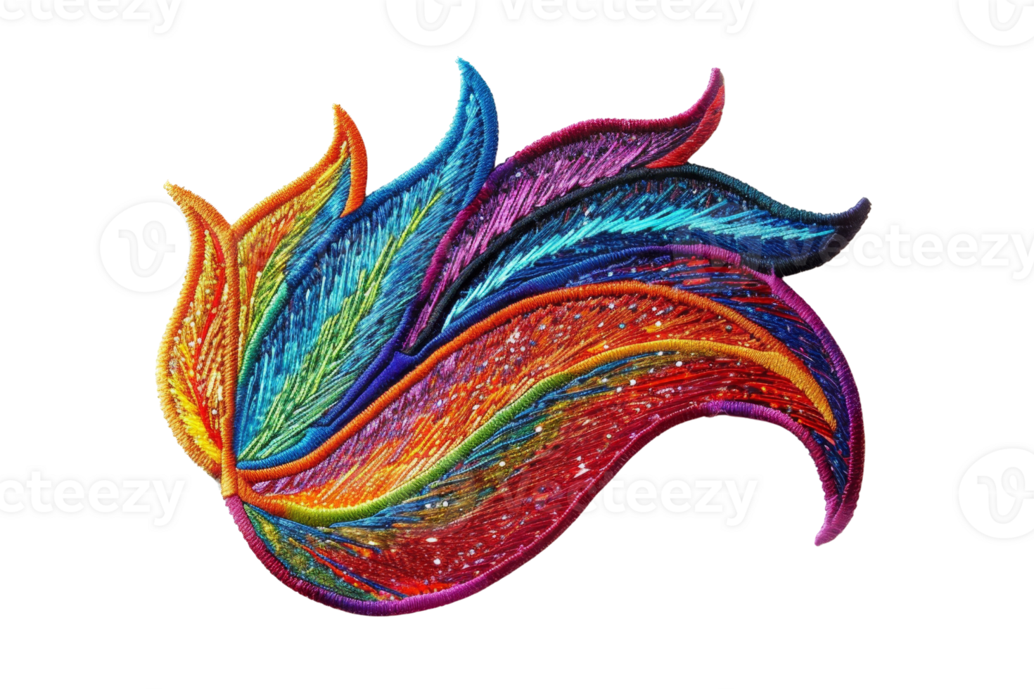Colorful abstract design with swirling vibrant hues, resembling a flame or feather, isolated on a transparent background. Perfect for creative projects. png