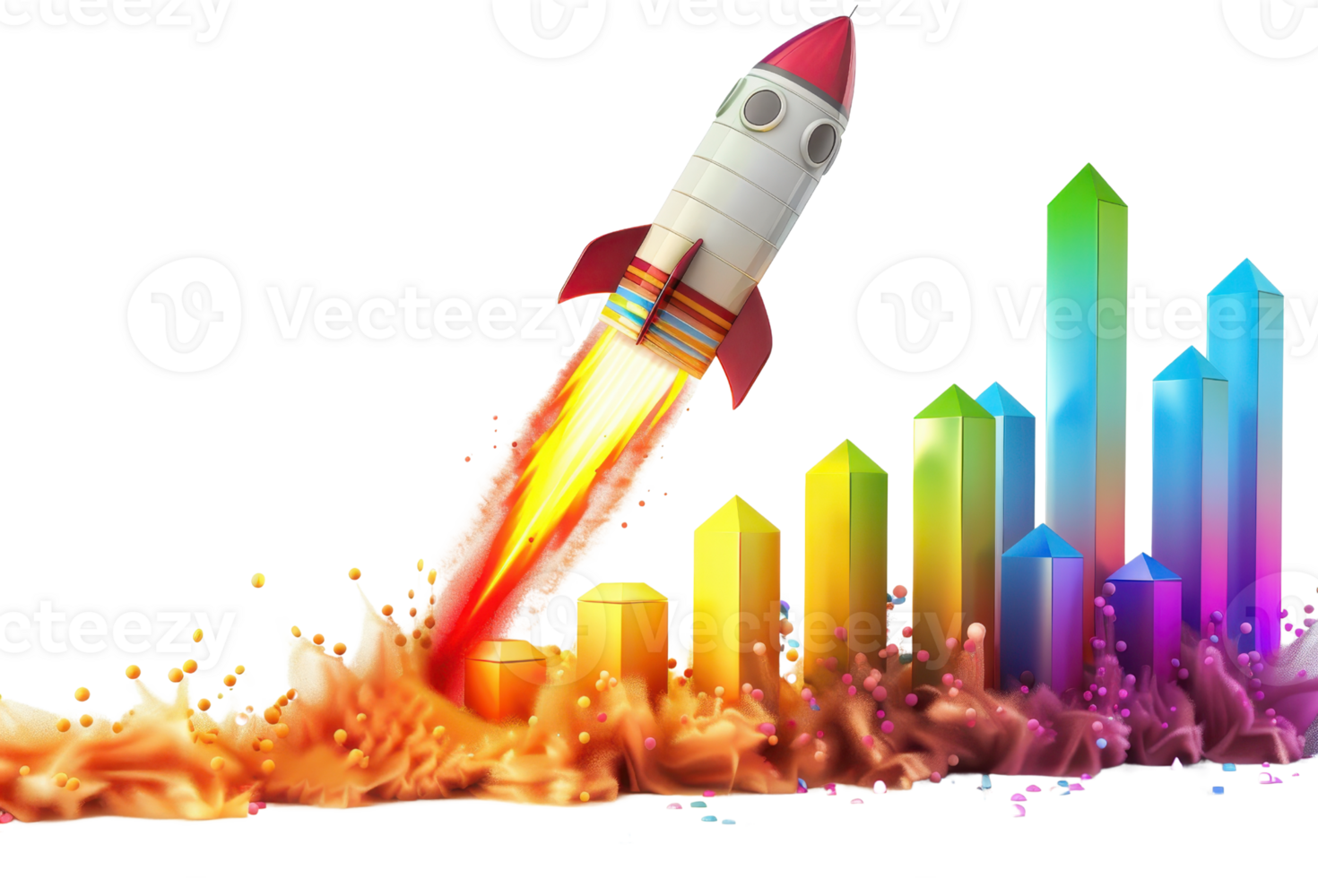 Colorful rocket launch with vibrant bar graph, symbolizing growth, progress, startup success. Ideal for business, technology, startup themes. png