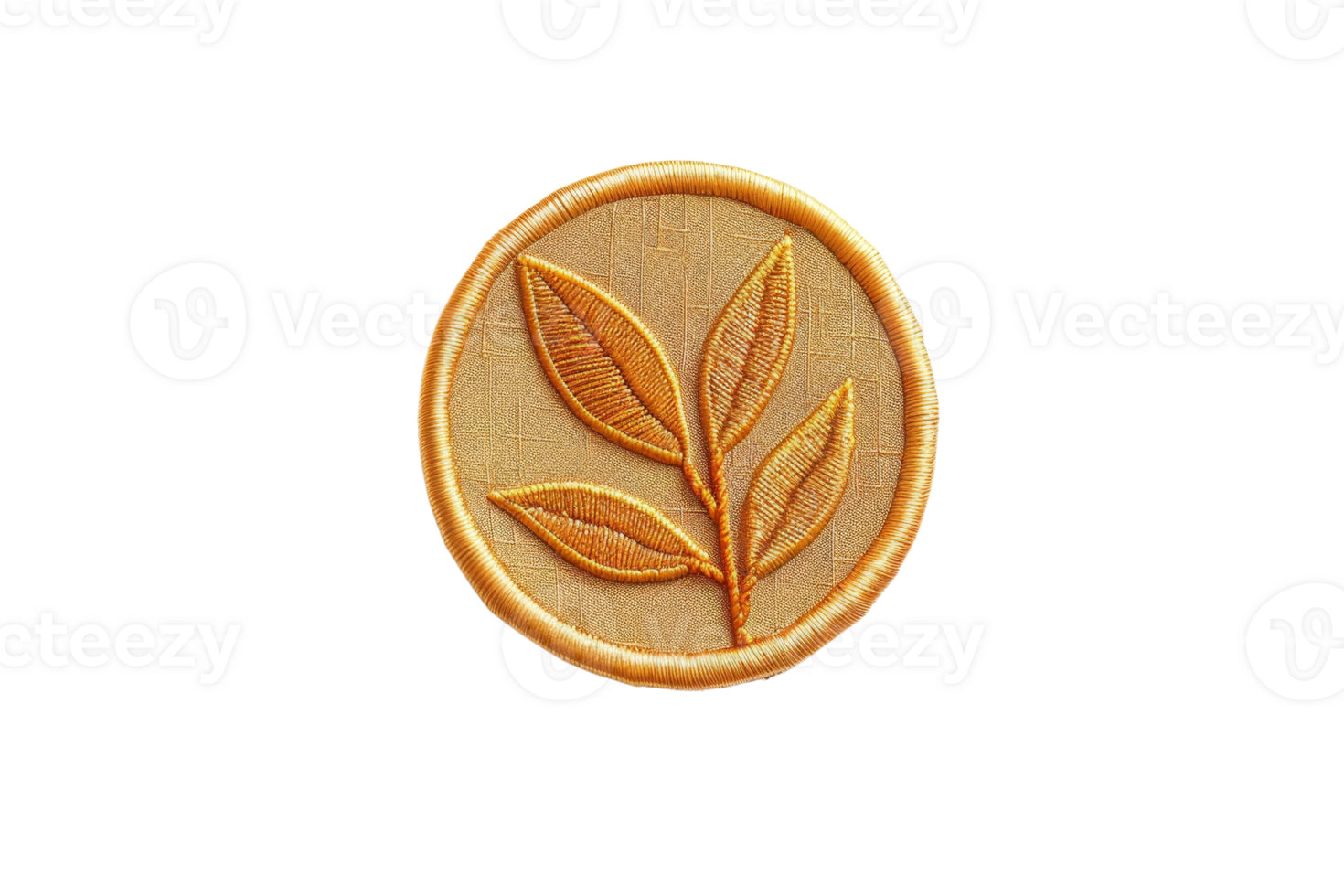 Golden embroidered leaf design emblem on a circular patch, symbolizing nature and elegance in a simple, stylish icon. png