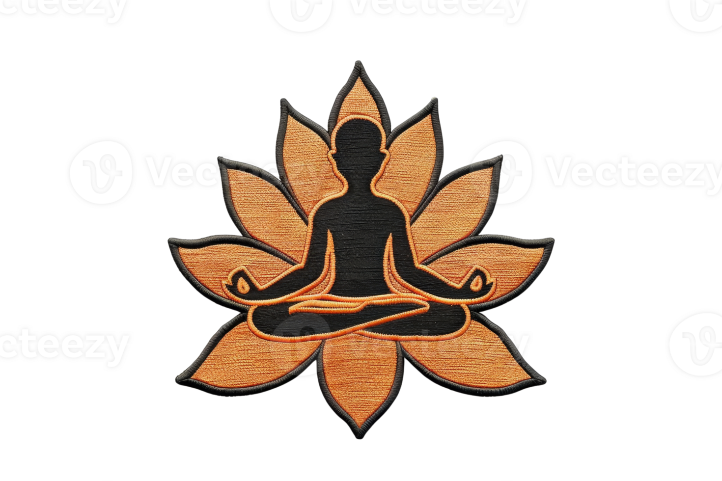 Silhouette of meditating figure in lotus position with wooden lotus flower background. Perfect for yoga, meditation, and wellness themes. png