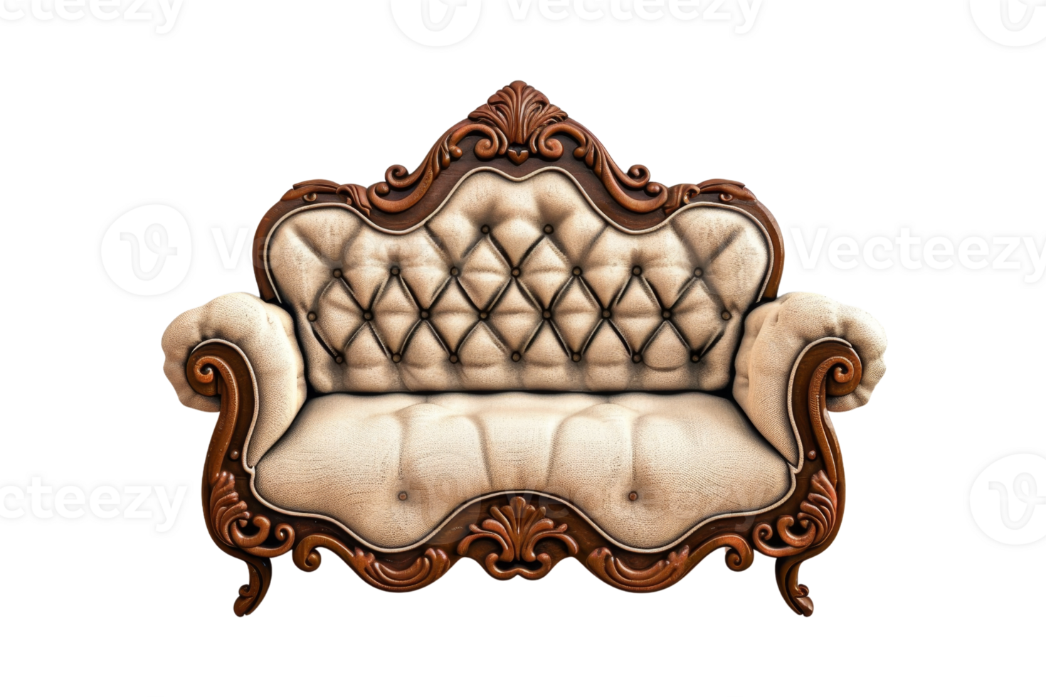 Elegant vintage sofa with intricate wooden carvings and plush cream upholstery, perfect for adding a touch of classic style to any room. png
