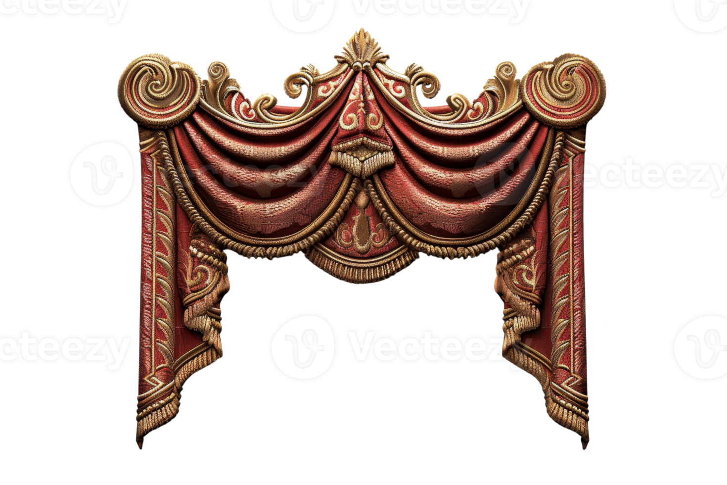 Vintage theatre curtain with ornate design, deep red fabric, and intricate gold detailing, perfect for stage backdrop or special events. png