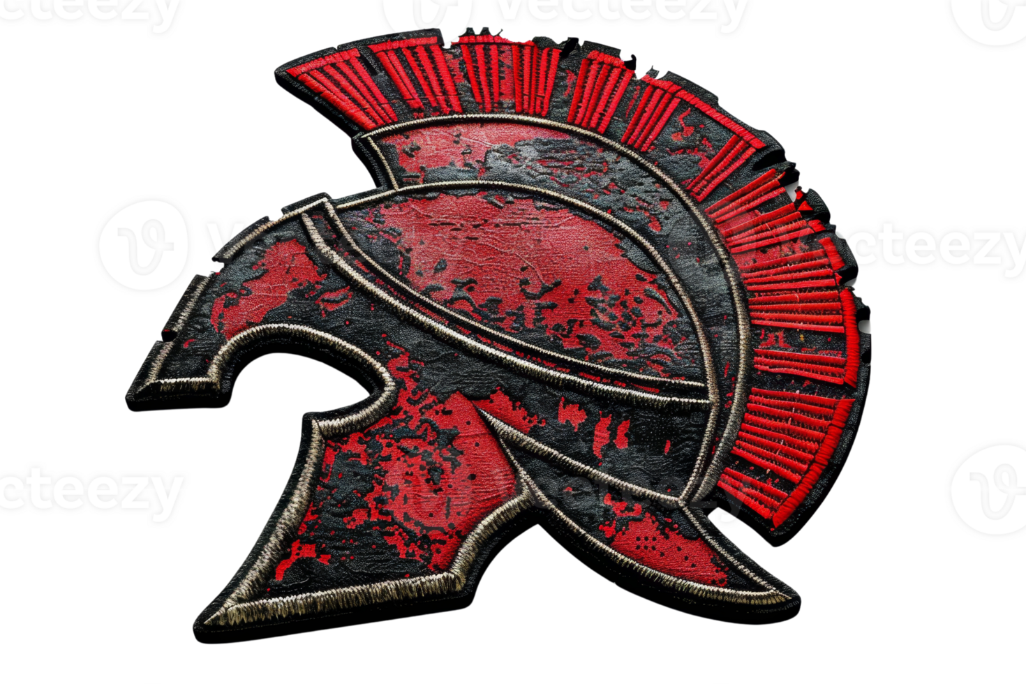 Vintage red and black Spartan helmet illustration with distressed texture and detailed design. png