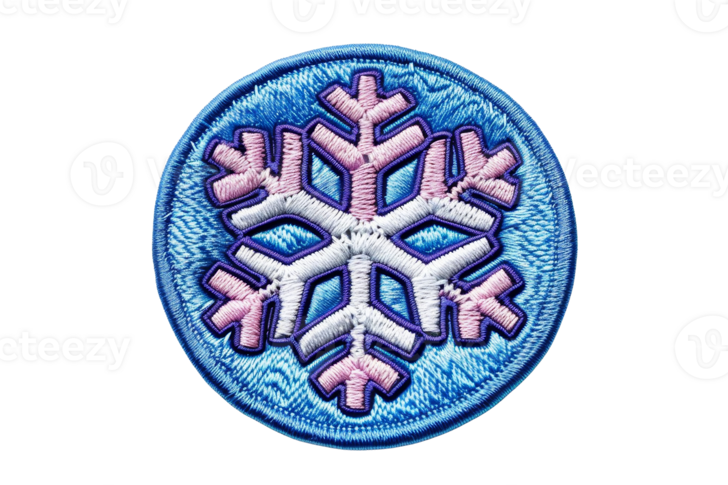 Circular blue patch with intricate embroidered snowflake design, perfect for winter-themed projects or craft embellishments. png